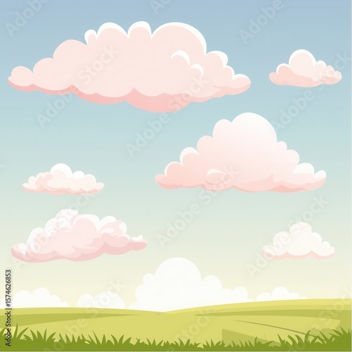 Soft Pink Clouds Over Vibrant Green Field Under Clear Blue Sky