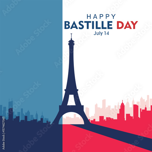 Modern vector of Bastille Day with Eiffel Tower silhouette and city skyline in French flag colors. Perfect for banners, posters, and social media use.