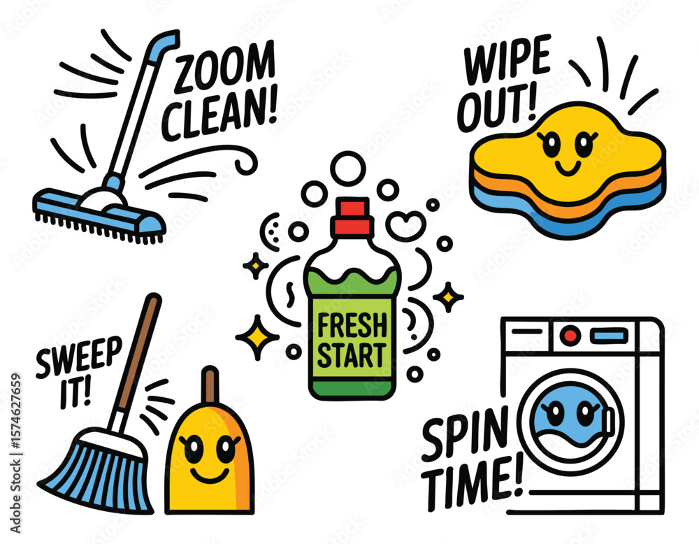 Obraz premium Cute Cleaning Supplies Illustrations: Cartoon Icons for Spring Cleaning