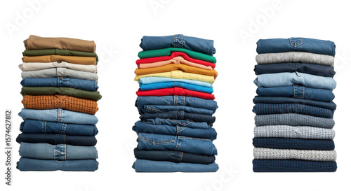 Stacks of folded clothes neatly arranged isolated on transparent background