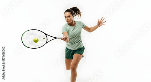 Focused female tennis player powerfully serves a ball, dynamic action shot against a white background.