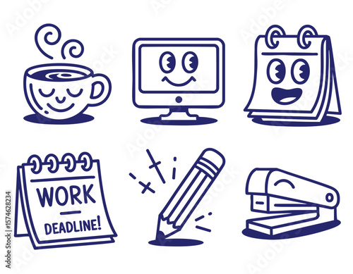 Cute Pixel Art Office Supplies & Icons: Computer, Coffee, Calendar, Notepad, Pencil, Stapler
