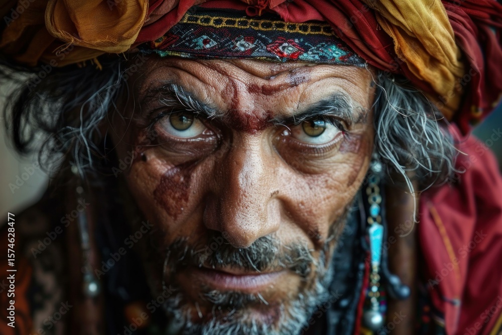 Portrait of an indigenous man with traditional clothing and headwear, his intense gaze captivating the viewer Portrait of an indigenous man with traditional clothing and headwear, his intense gaze captivating the viewer