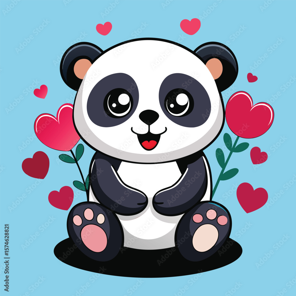 Obraz premium Cute panda with hearts and flowers bear cartoon