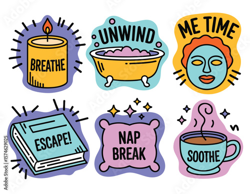 Self-Care Routine Illustrations: Relaxation, Bath, Book, Tea, Candle, Mask