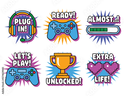 Pixel Art Gaming Icons: Retro Game Controller, Headset, Trophy, Level Up Badges for Video Game Design