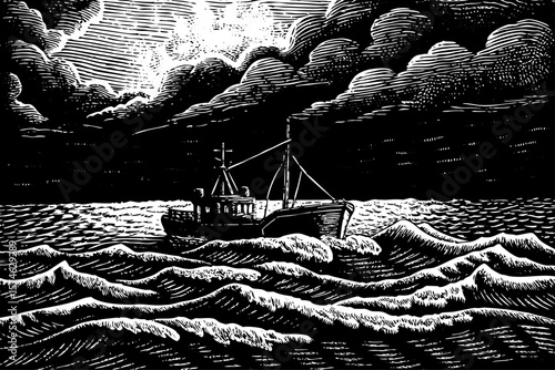 The North Sea during sunset with fishing trawler, choppy water, and cloudy sky shown in expressive black and white line art illustration perfect for marine and industrial topics