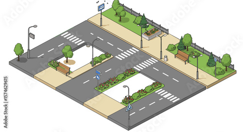 Isometric urban park with roads, benches, and green spaces