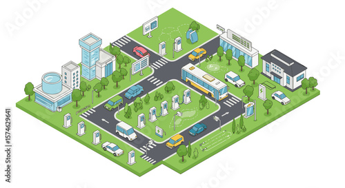 Urban isometric cityscape with modern architecture and green spaces