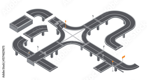 Isometric elevated highway intersection with road signs and overpasses