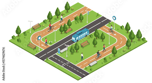 Pedestrian and bicycle-friendly city park illustration with bus and walking trails