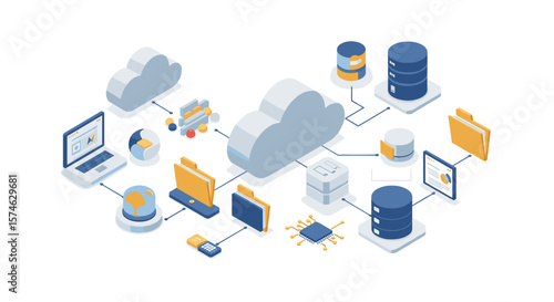 Isometric cloud computing network with servers and data storage elements