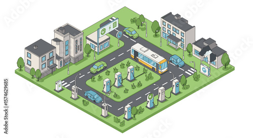 Isometric electric vehicle charging station in urban neighborhood