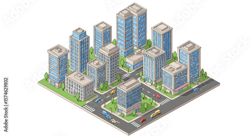 Isometric cityscape with modern urban buildings and streets