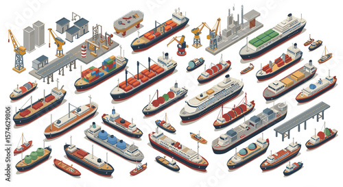 Isometric collection of cargo ships, tankers, and docks in a seaport setting