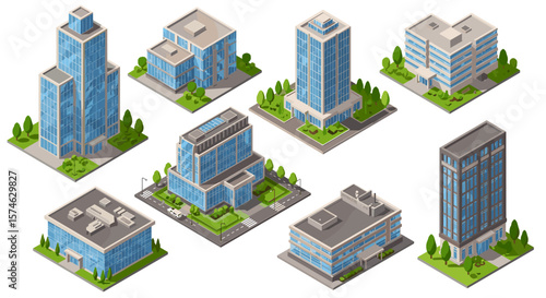Modern isometric office buildings set with urban landscape elements