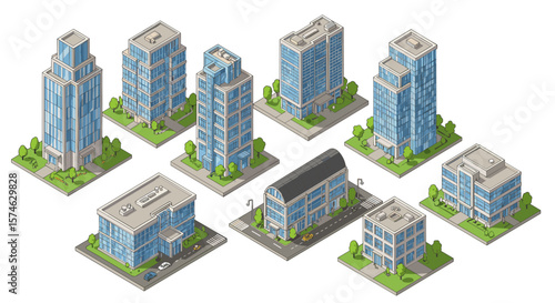 Modern urban buildings in isometric style with lush green surroundings and detailed architecture