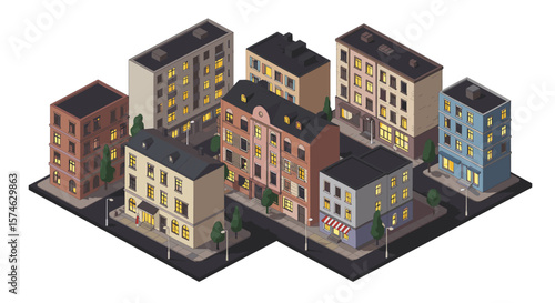 Vibrant isometric urban cityscape with illuminated buildings at night