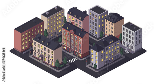 Isometric urban neighborhood with detailed apartment buildings and streetscape