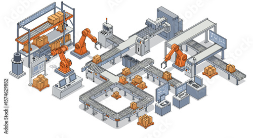 Automated factory isometric design with robotics and conveyor system in modern warehouse
