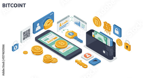 Isometric bitcoin mobile wallet transaction with security icons and financial charts