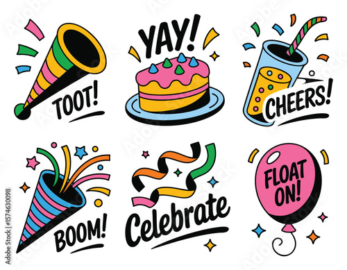 Vibrant Party Celebration Graphics: Festive Icons & Lettering