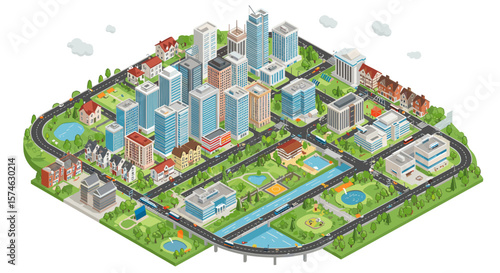 Modern isometric cityscape with skyscrapers, parks, and roads