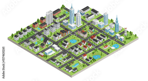 Isometric cityscape with modern buildings and green areas