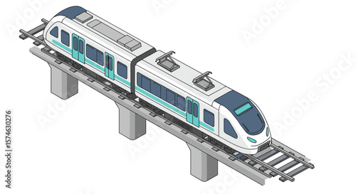 Modern isometric train on elevated railway bridge with blue and white design