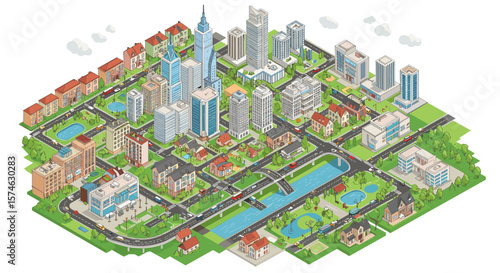 Isometric urban cityscape with skyscrapers, parks, and suburban houses