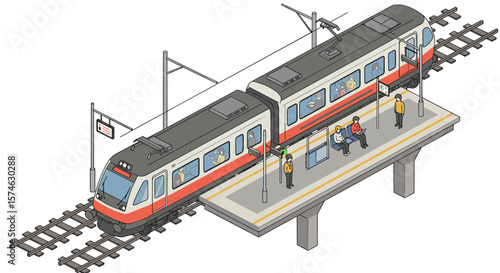 Modern isometric passenger train at urban station platform with commuters waiting