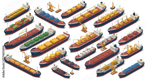 Diverse cargo ships in isometric view depicting global maritime transport