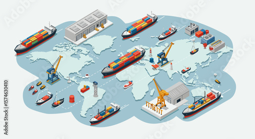 Global shipping network with cargo ships and containers in isometric style