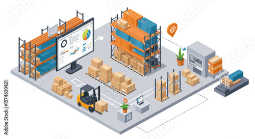 Isometric warehouse management system with forklift and inventory technology
