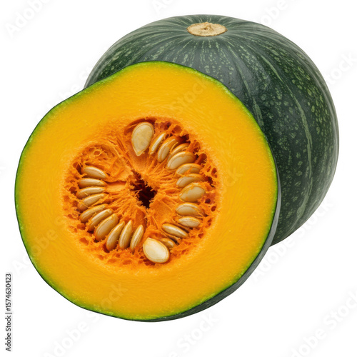 Kabocha squash with cut section showing seeds isolated on transparent background