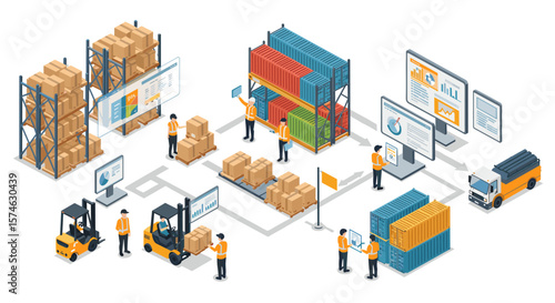 Isometric warehouse logistics and supply chain management concept