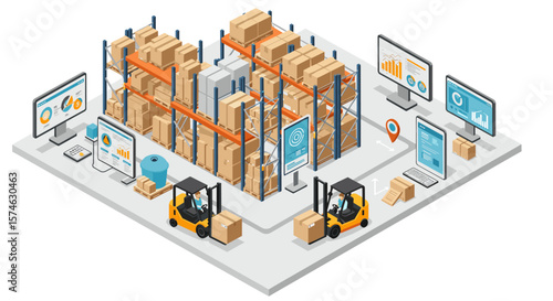 Isometric warehouse management with forklifts and digital screens