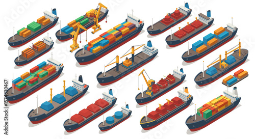 Isometric cargo ships with containers and cranes on a white background