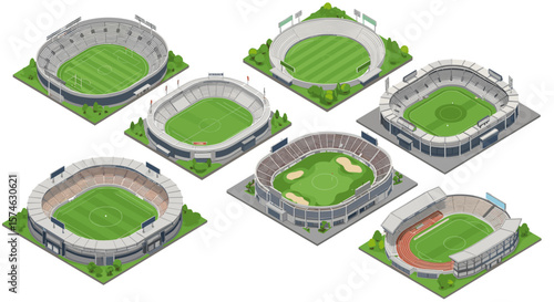 Isometric soccer stadiums set with various designs and features
