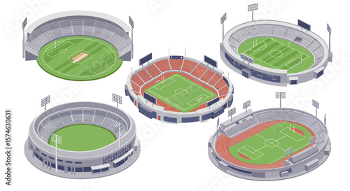Diverse sports stadium designs in isometric perspective: football, soccer, rugby, athletics