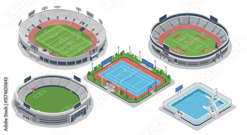Isometric sports arenas collection: soccer fields, tennis court, swimming pool, and running tracks