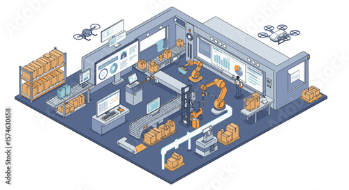 Isometric smart factory with robotics and automation technology