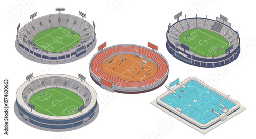 Isometric design of sports stadiums: football fields, athletics track, and swimming pool