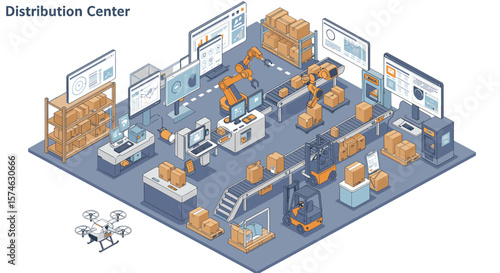Isometric warehouse automation with robots and drones in logistics