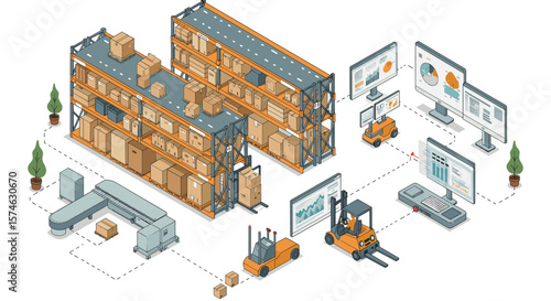 Isometric warehouse logistics with automated forklifts and digital inventory management
