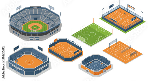 Diverse sports arenas in isometric styles: baseball, soccer, basketball, volleyball