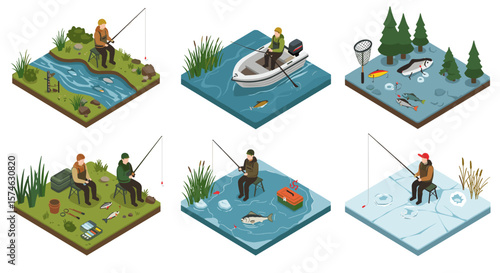 Isometric fishing scenes in nature with diverse activities and seasons