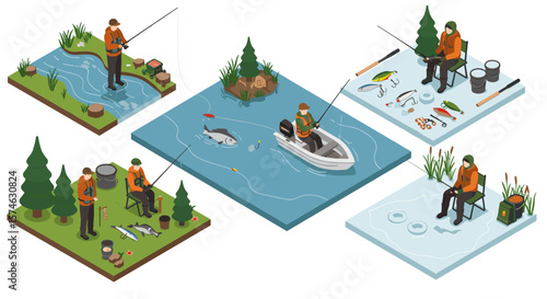 Isometric fishing scenes: riverbank, boat, ice fishing, gear and catch