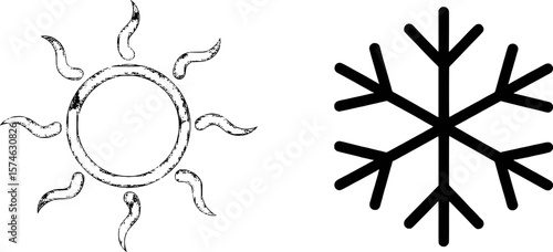 Sun and snowflake symbols representing opposing weather elements heat