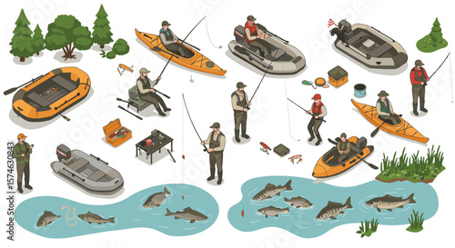 Isometric anglers and fishing gear collection in outdoor settings